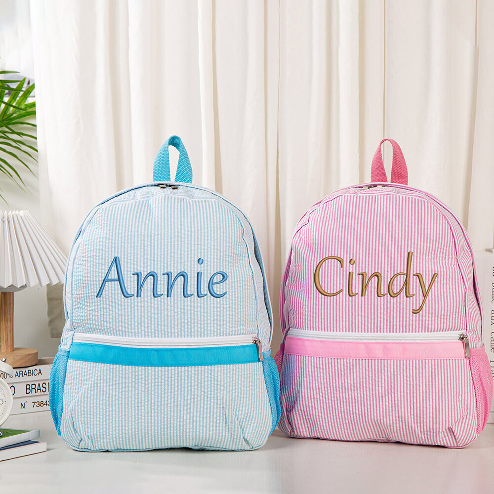 Customized Kids Backpack with Embroidered Name Seersucker School Bag for Students