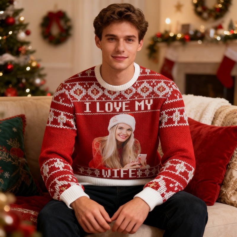 Personalized Ugly Sweater Unisex I Love My Wife Custom Photo Festive Design Christmas Gift for Loved One