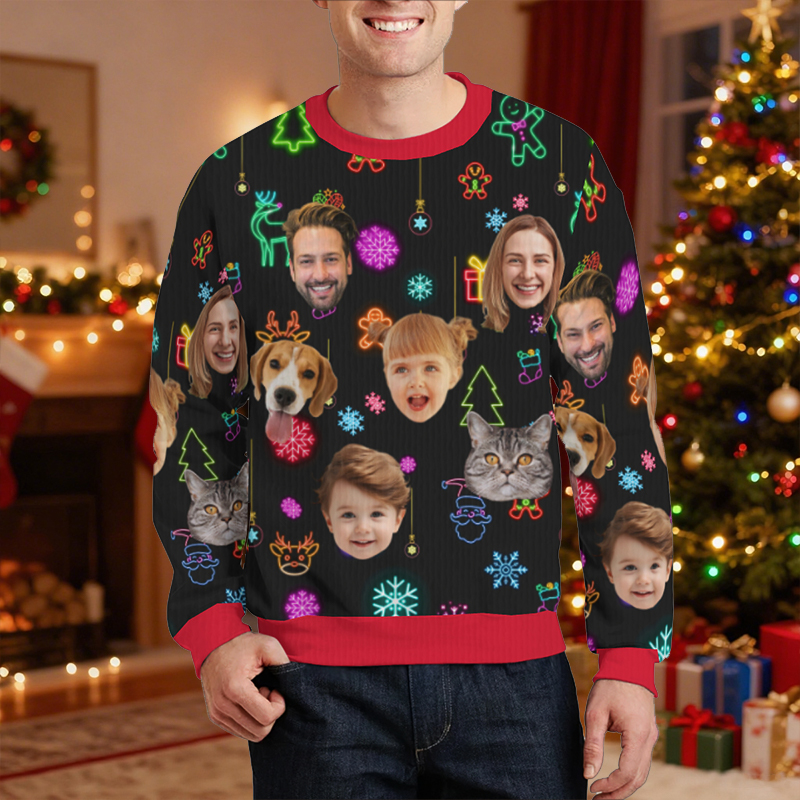 Gepersonaliseerde lelijke trui Unisex Op maat gemaakte foto Glanzend patroon Ontwerp Kerstcadeau voor het gezin