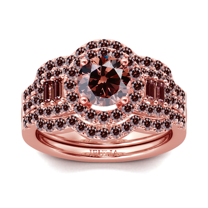 Halo Round Cut Wedding Ring Sets in Rose Gold & Brown