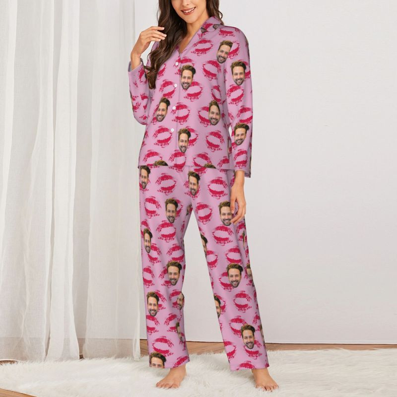 Pijama personalizado con foto de pareja personalizada y diseño de patrón de beso apasionado, regalo perfecto para amantes