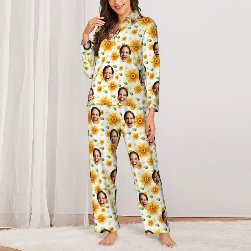 Personalized Pajamas Custom Photo Bright Sunflower Leaves Pattern Design Attractive Gift for Her