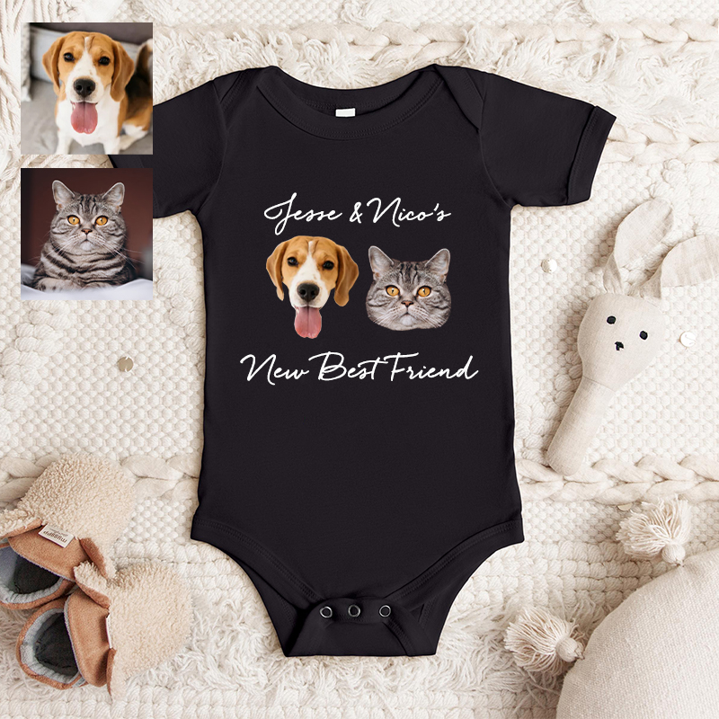 Mono de bebé personalizado con fotos de cabeza de mascota personalizadas, nuevo mejor amigo, regalo atractivo para baby shower para amantes de las mascotas