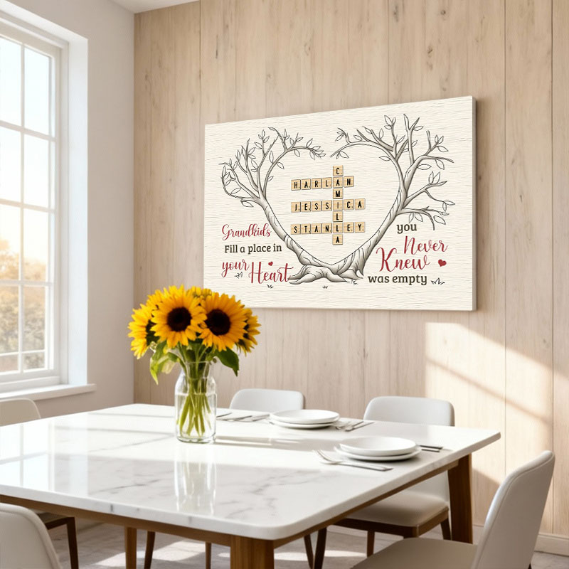 Personlig väggdekoration i canvas med namn och korsord samt träd Bästa presenten till mor- och farföräldrar