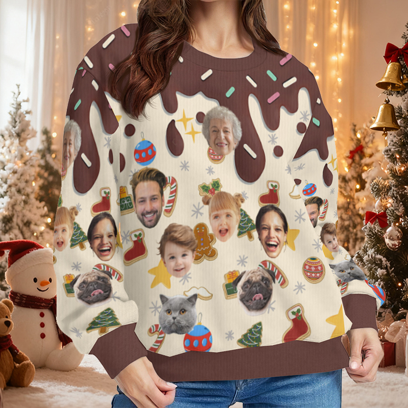 Suéter feo personalizado unisex con foto de cara personalizada, estilo postre, diseño divertido, regalo de Navidad para la familia