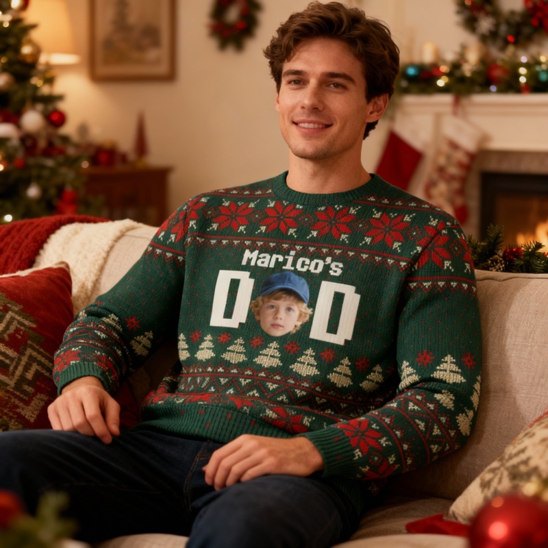 Personlig ful tröja unisex med anpassat huvudfoto och festivalmönster Design Julklapp till pappa Familj