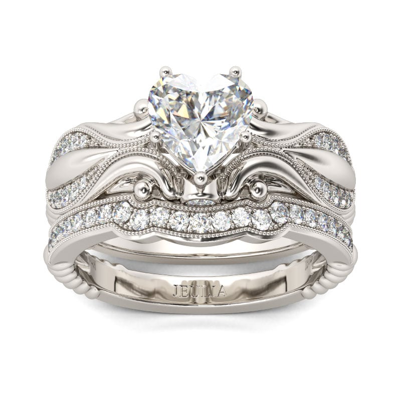 Vintage Milgrain Heart Cut Sterling Silver Bridal Ring Set For Her