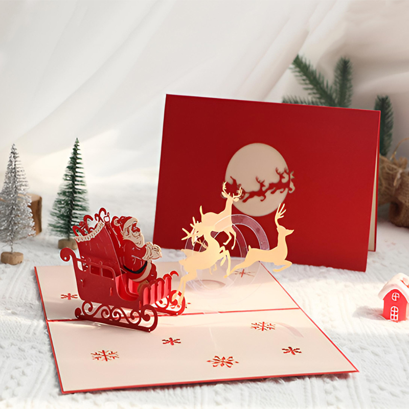 3D Flying Reindeer Sleigh and Santa Claus Pop Up Card Gift for Christmas