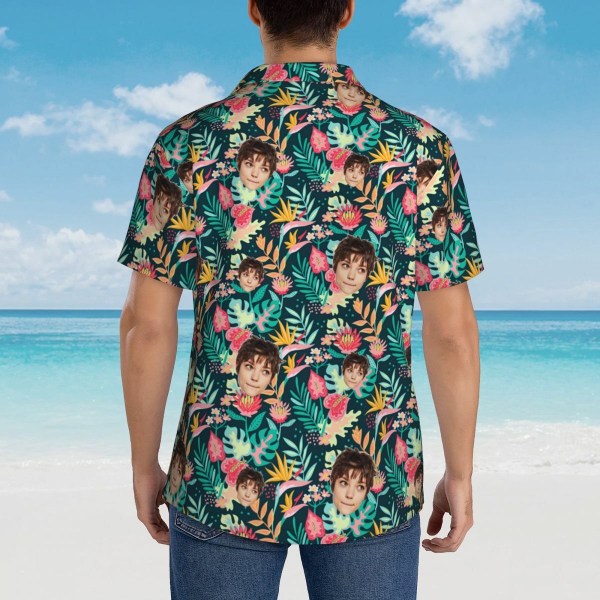 Personalized Men's Shirt Tropical Style Custom Face Photo Leaves Print for Him