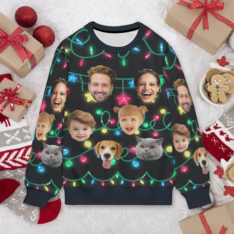Personalisierter hässliche Weihnachtspullover Unisex Individuelles Gesichtsfoto Lichterkette Lustiges Design Weihnachtsgeschenk für die Familie