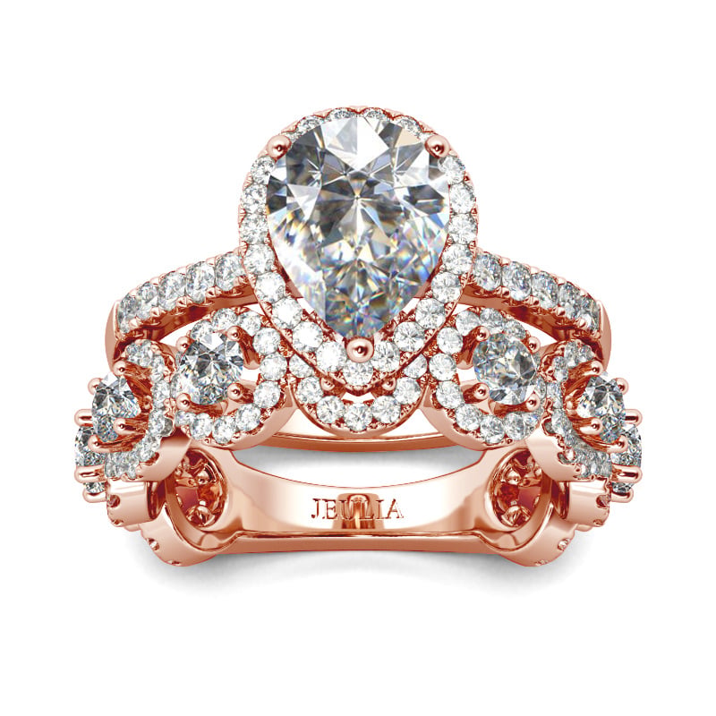 Rose Gold Halo Pear Cut Bridal Sets in Sterling Silver