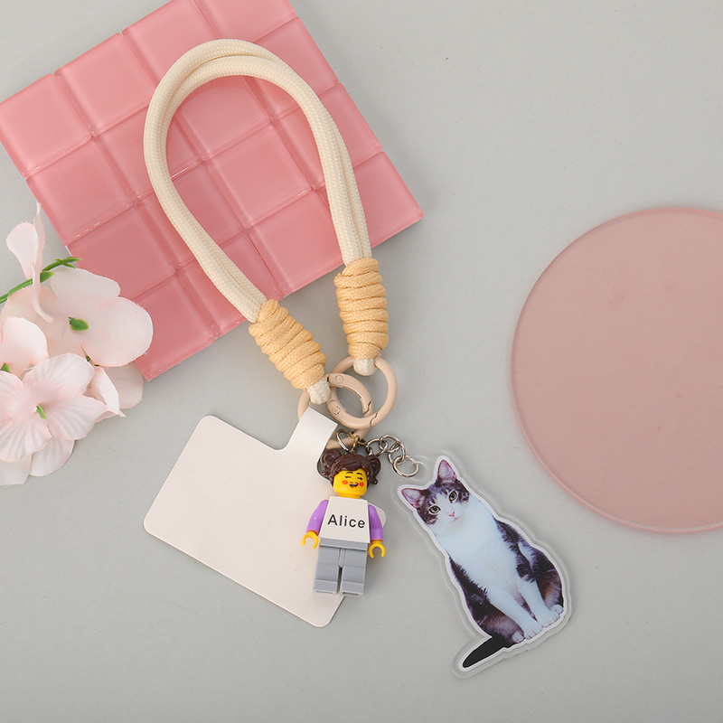 Personalized Braided Rope Phone Chain with Minifigure and Acrylic Photo Gift