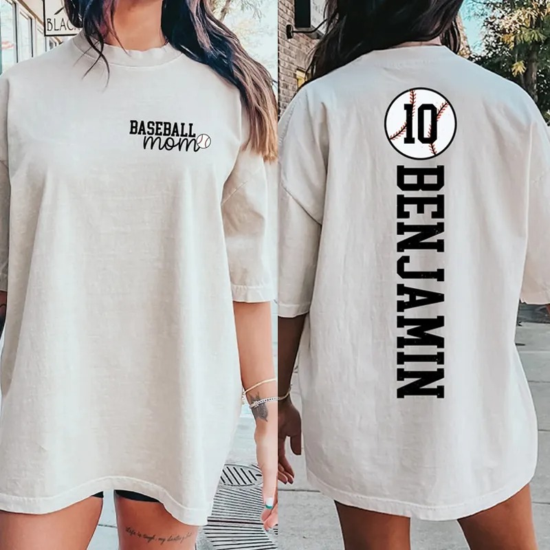 Personalized Washed T-shirt Baseball Mom with Kids Name Jersey Number Gift For Baseball Lovers