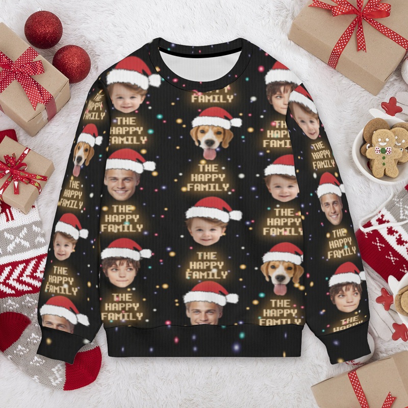 Personalized Ugly Sweater Unisex Custom Face Photos with Santa Hat Design Perfect Christmas Gift for Family
