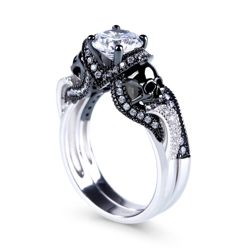 Jeulia Twist Two Tone Round Cut Sterling Silver Skull Ring