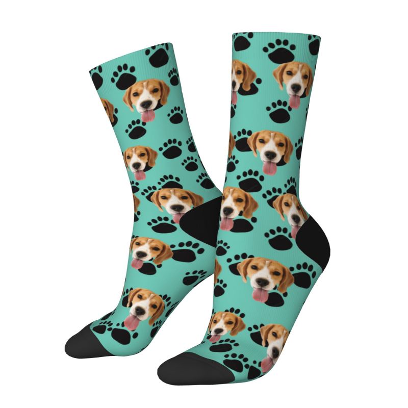 Calcetines faciales personalizables con foto de mascota y huellas de patas de perro negras