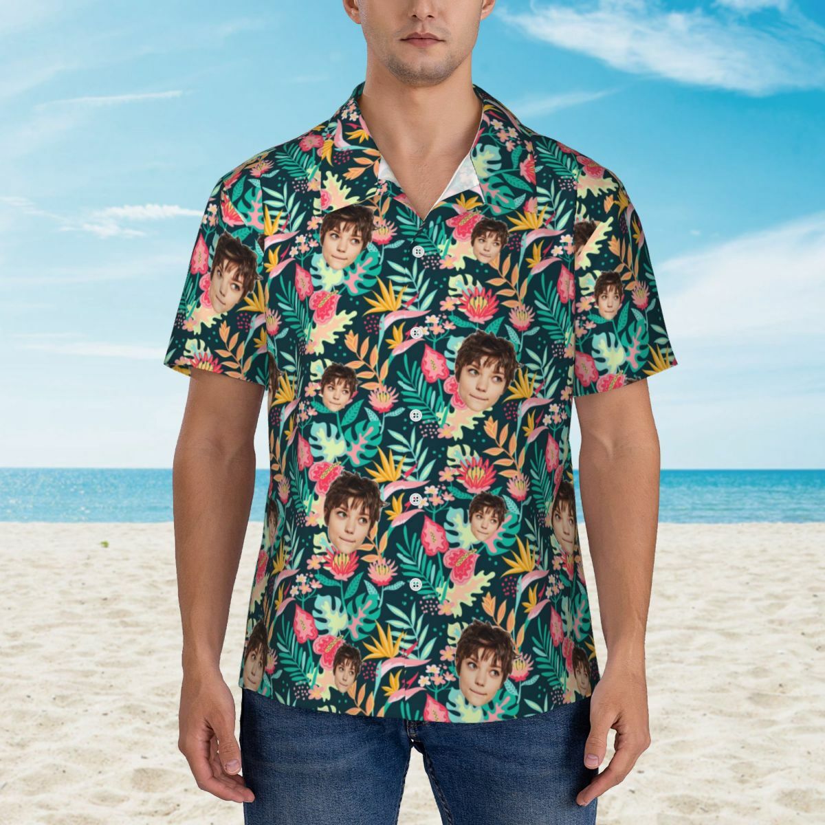 Personalized Men's Shirt Tropical Style Custom Face Photo Leaves Print for Him