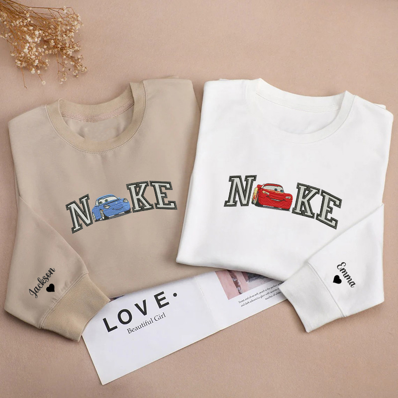 Personalized Sweatshirt Embroidery Cars Mcqueen and Sally Couple Design Perfect Gift for Lovers