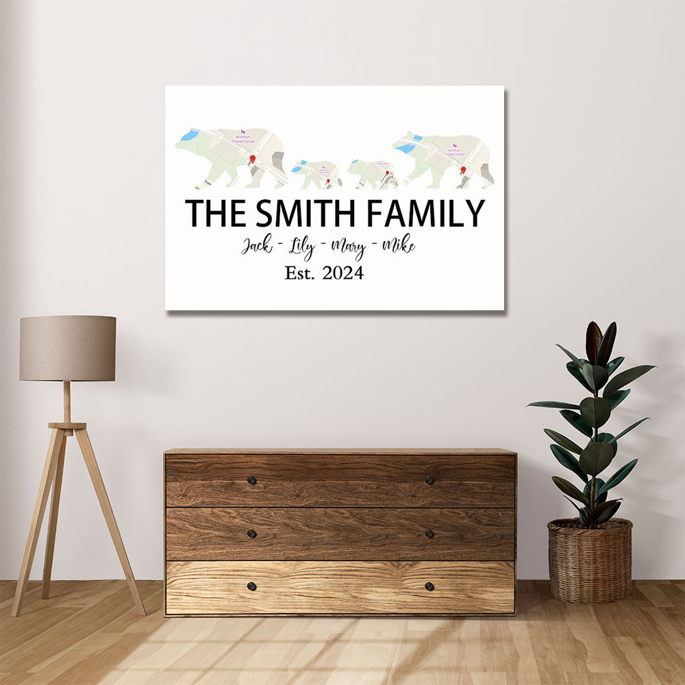 Personalized Name Canvas Wall Art Custom Map Bear Family Best Present for Dear Dad