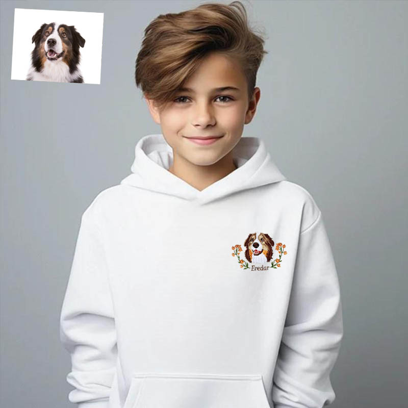 Personalized Kids Embroidered Hoodie Color Photo of Pet's Head with Flower Decor Gift for Children