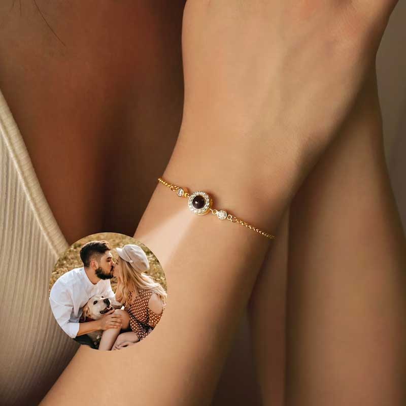 Personalized Projection Photo Bracelet Round Pendant With Diamonds And Birthstone Christmas Gift