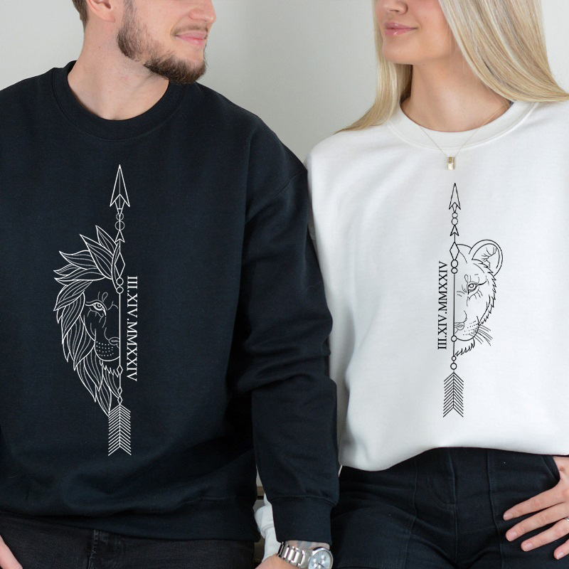 Personalized Sweatshirt Cool Lion King Couple Design with Custom Roman Numeral Date Gift for Lovers
