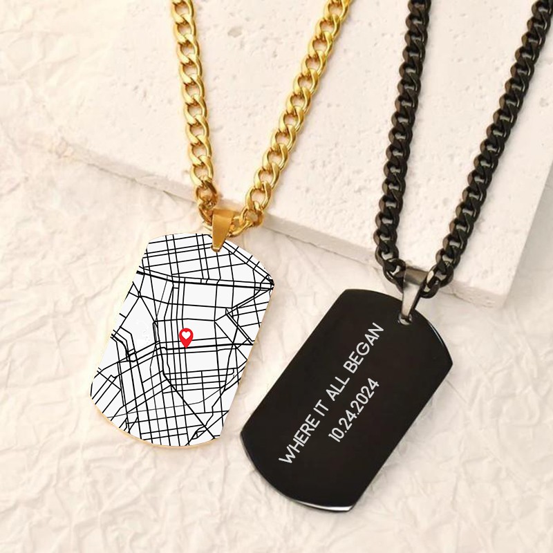 Personalized Dog Tag Necklace Custom Map And Date Anniversary Gift