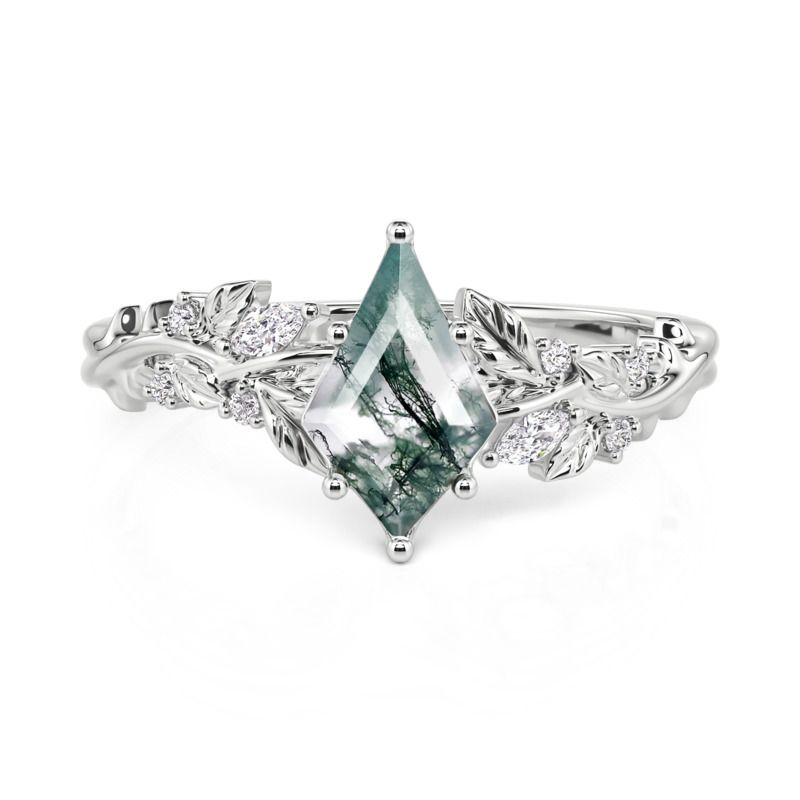 Jeulia Leaf-Wrapped Kite Cut Moss Agate Engagement Ring