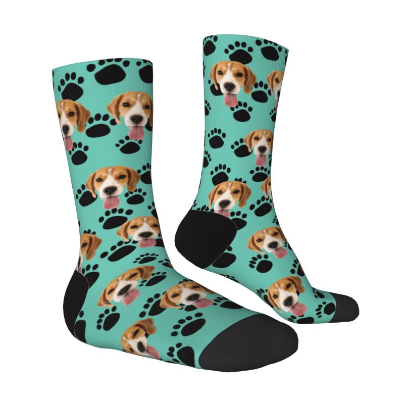 Calcetines faciales personalizables con foto de mascota y huellas de patas de perro negras