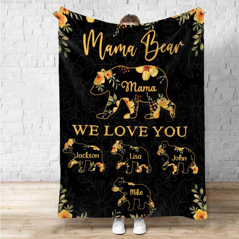Personalized Name Blanket with Bear Pattern Warm Gift for Mother