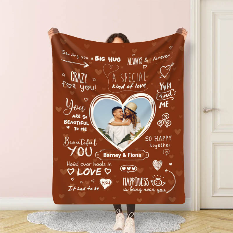 Personalized Picture Blanket with Heart Pattern Warm Gift for Couples