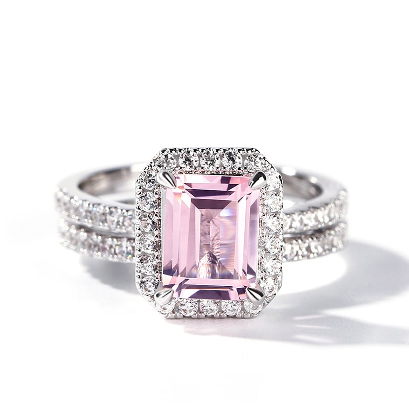 Halo Morganite Emerald Cut Eternity Band in Sterling Silver