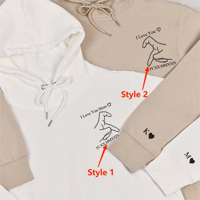 Sweat à capuche personnalisé Je t'aime Main Cœur avec date en chiffres romains Cadeau idéal pour la Saint-Valentin