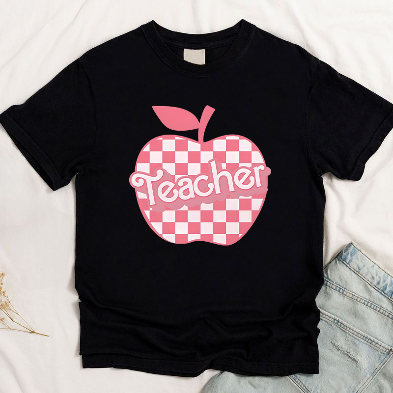 Personalized T-shirt Checkered Pink Apple Teacher Design Back To School Gift for Teachers