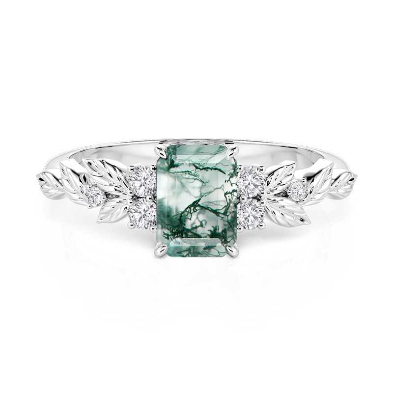 Jeulia Symmetry Design Leaf Moss Agate Engagement Ring