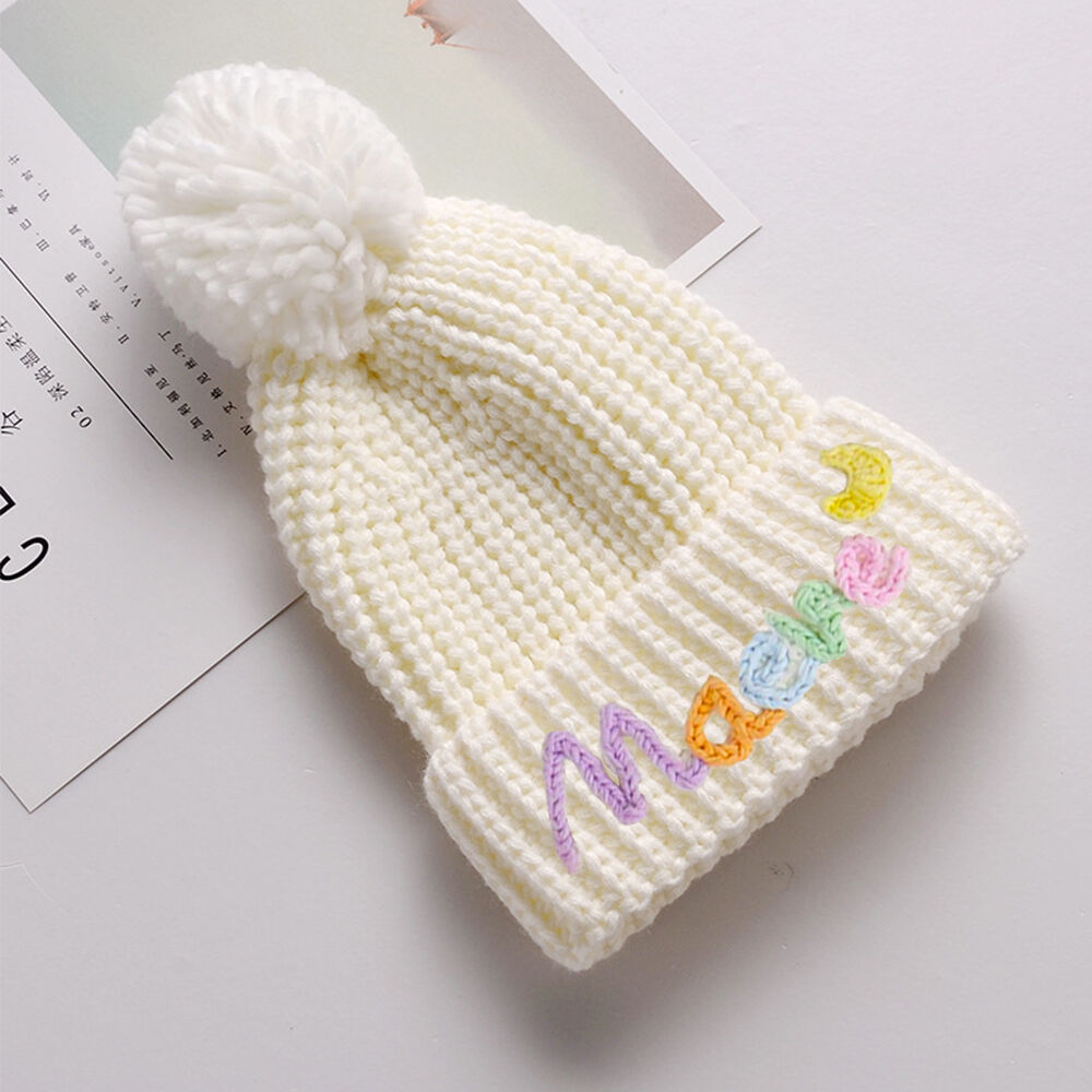 Personalized Knit Pom Pom Beanie Custom Embroidered Colorful Name Baby Christmas Gift