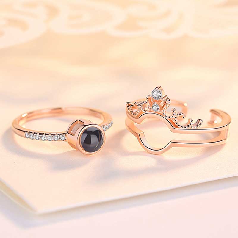 Personlig fotoprojektion två i ett hjärta ring med krona