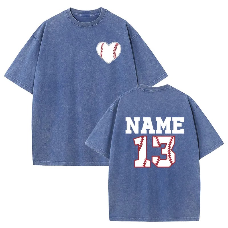 Baseballtvättad T-shirt med baseballhjärta anpassat nummer och namn present till sportälskaren