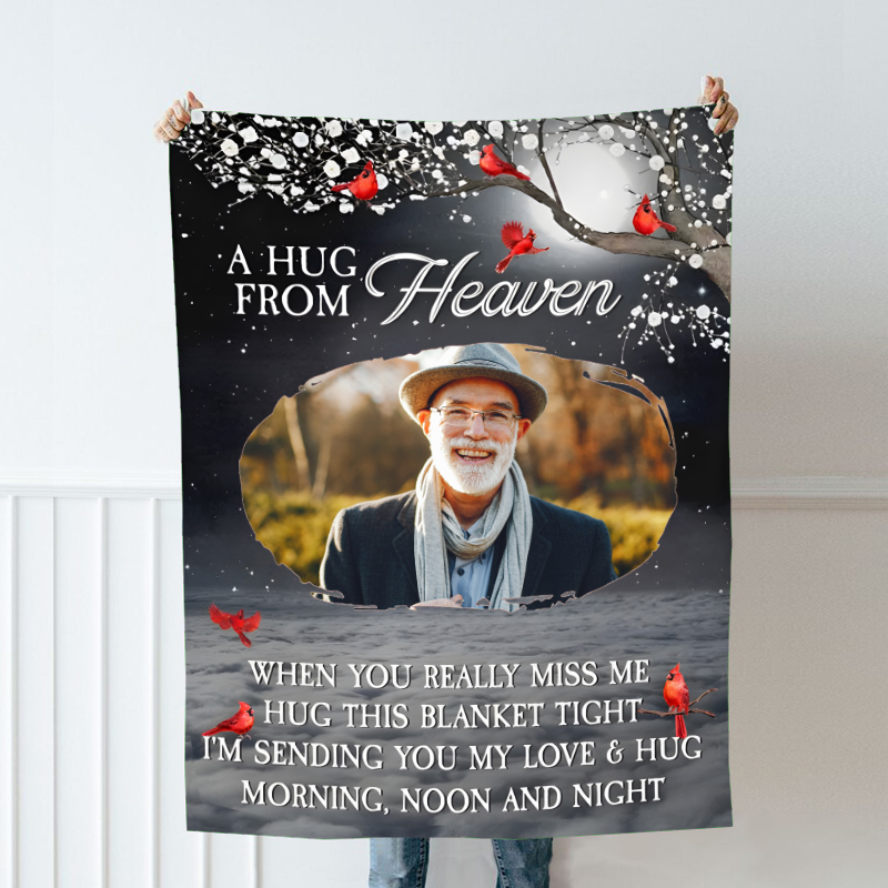 Personalized Photo Blanket with Bird Pattern Memorial Present for Special Person "A Hug From Heaven"