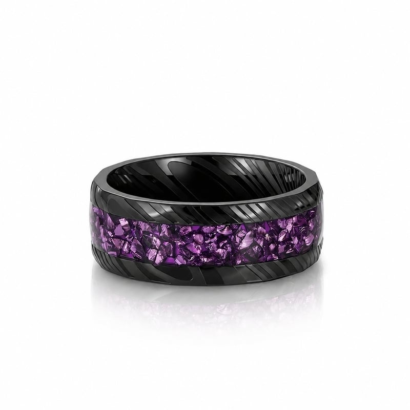 Jeulia Men's Purple Stone Black Hammered Stainless Steel Ring