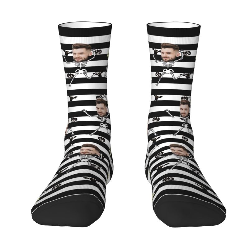 Customized Face Socks Black and White Striped Socks Spoof Skull Halloween Gift for Friends