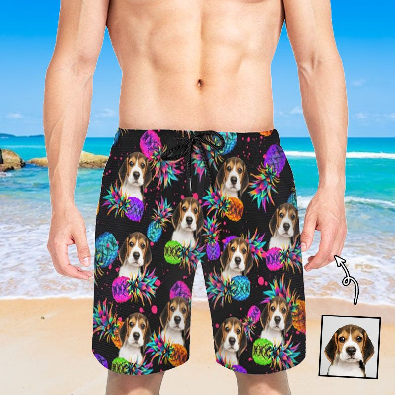 Personalized Picture Men's Beach Shorts with Colorful Pineapple Pattern Cool Gift for Him
