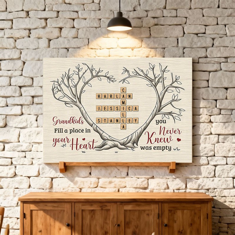 Personlig väggdekoration i canvas med namn och korsord samt träd Bästa presenten till mor- och farföräldrar