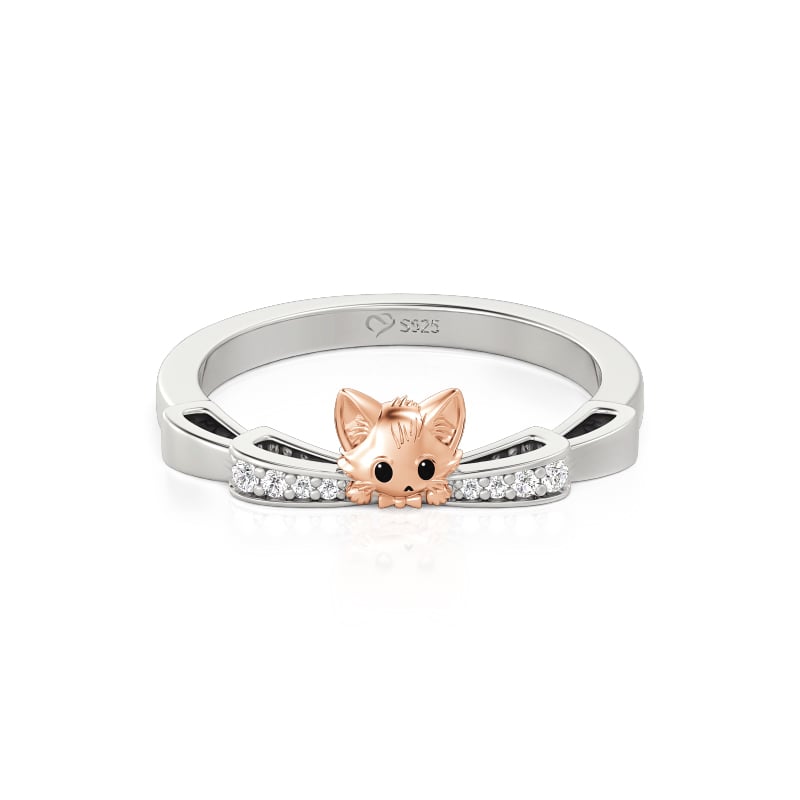 Jeulia Two Tone Sterling Silver Pave Bow Cat Ring for Women
