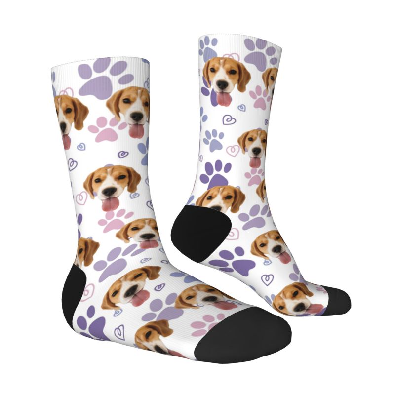 Personalized Face Socks with Cute Purple Dog Paw Prints to Add Pet Photos