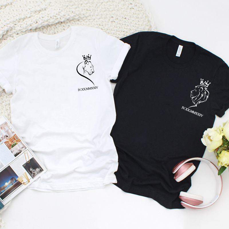T-shirt personnalisé Couronne du Roi Lion avec date en chiffres romains Cadeau pour les amoureux, couple, amoureux, love, pour elle et lui