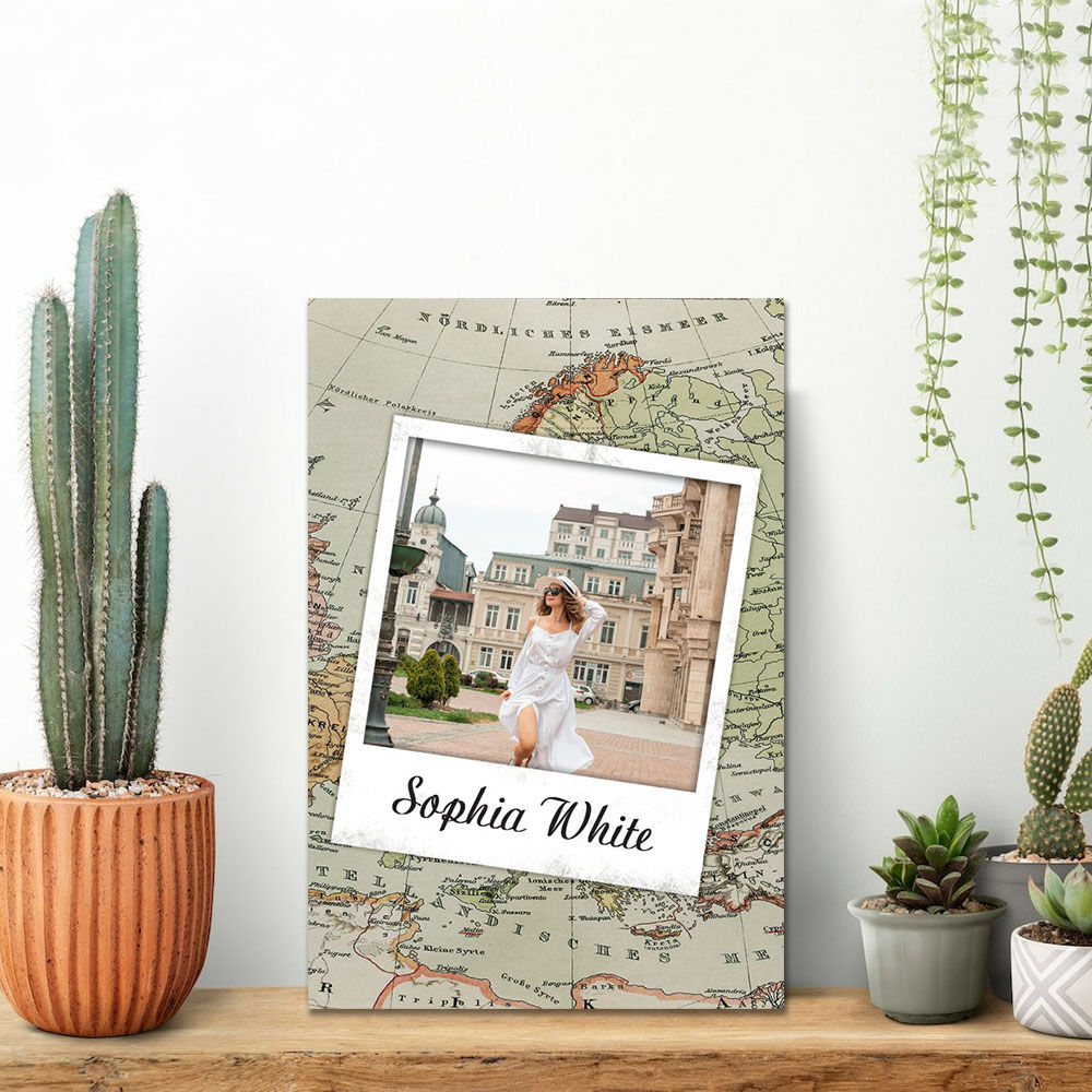 Personalized Picture Canvas Wall Art with Map Background Creative Gift for Friend