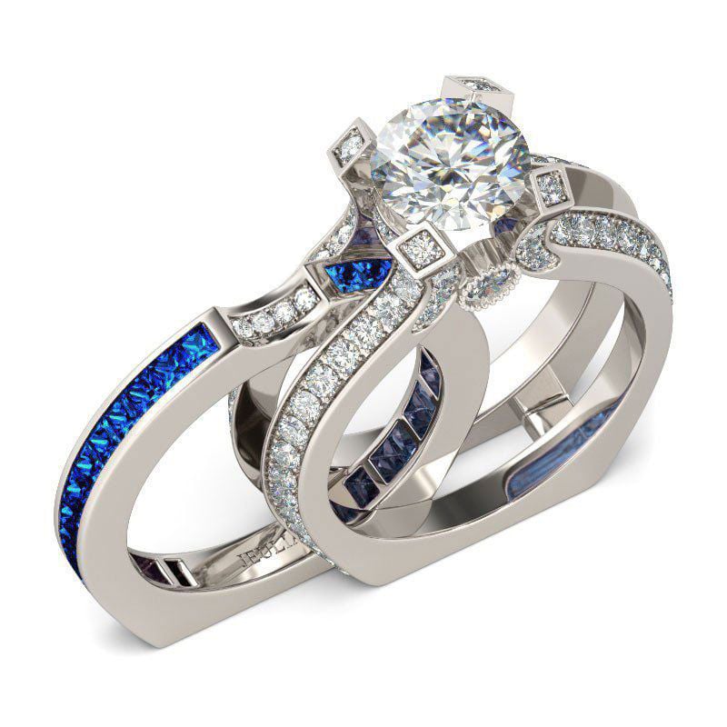 Sapphire Blue Interchangeable Wedding Ring Sets, Round Cut Sterling Silver