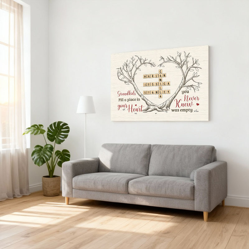 Personlig väggdekoration i canvas med namn och korsord samt träd Bästa presenten till mor- och farföräldrar