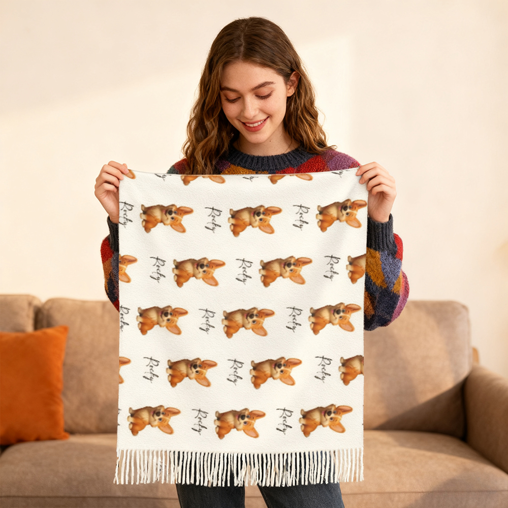 Custom Cartoon Scarf with Pet Photo and Cartoon Style Puppy Print Best Gift for Pet Owner